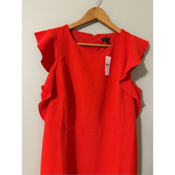 Ann Taylor Size 12 Ruffle Shoulder Sheath Dress Bright Red Career Cocktail NWT - Picture 3 of 9